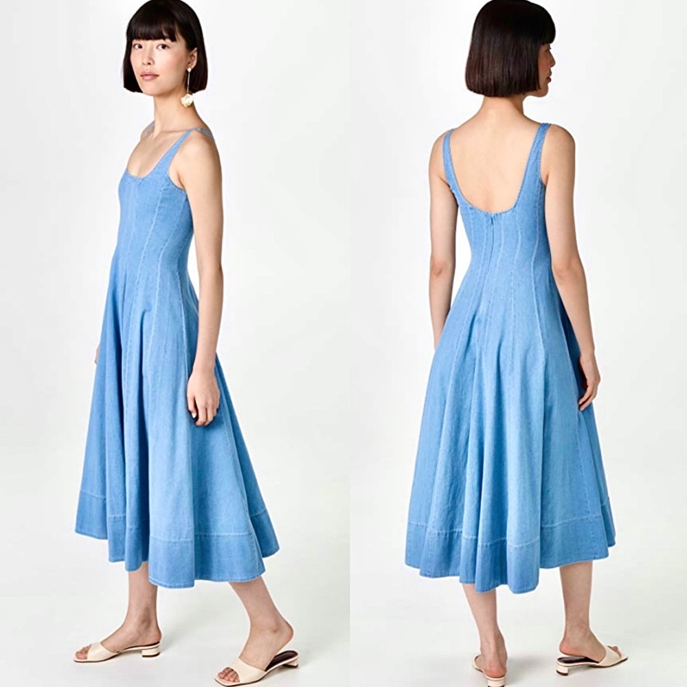 🌺🎉HP🎉🌺 NWT Staud Wells Midi Dress Light Wash Denim - Picture 7 of 16